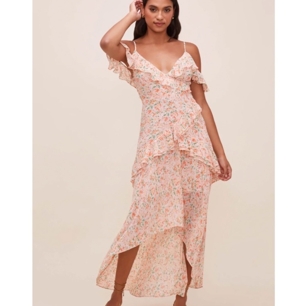 ASTR the Label Pemberley Floral Ruffle Cold Shoulder Hi-Lo Maxi Dress | Pink | M